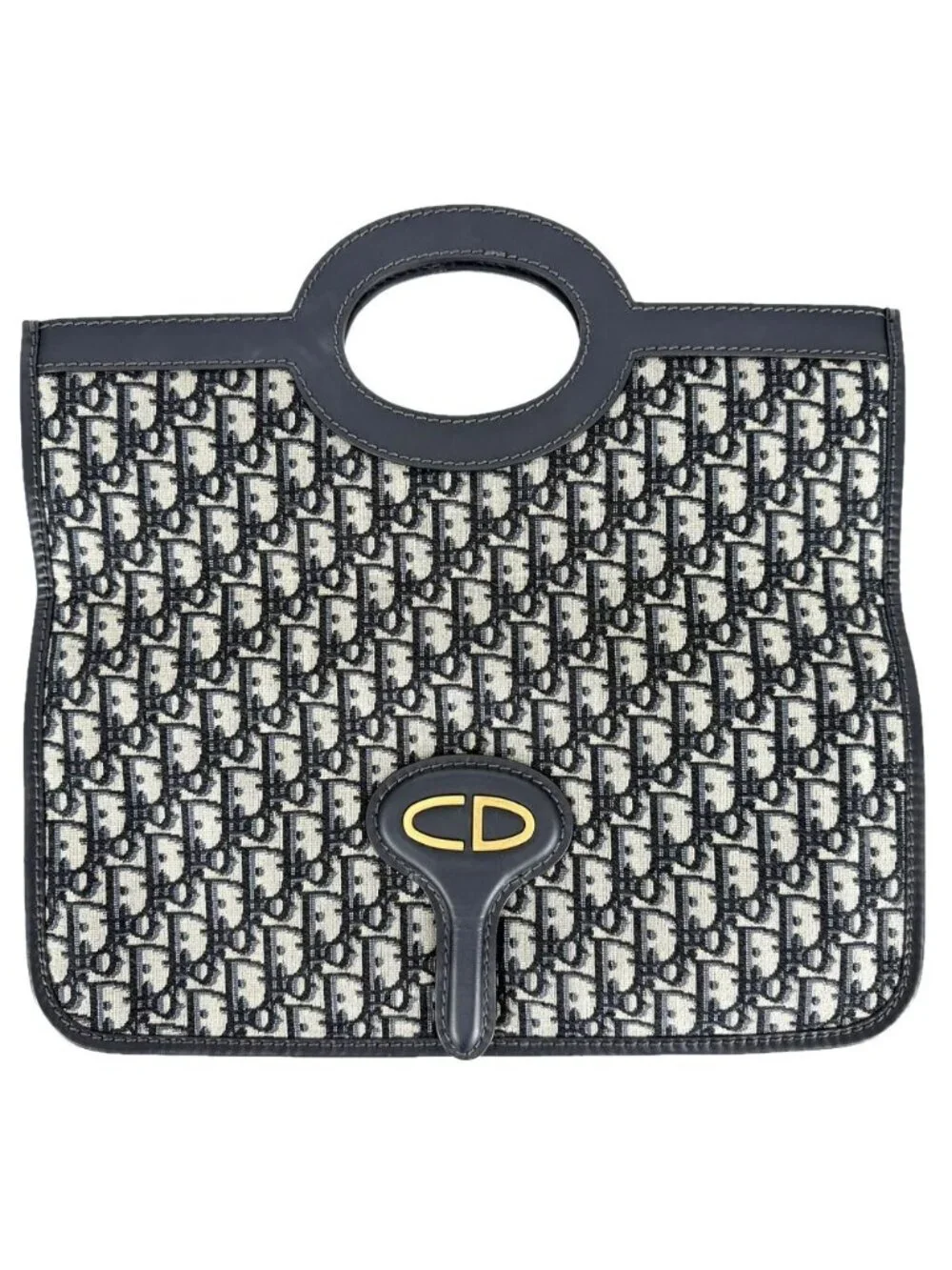 Dior 2-Way Oblique Clutch Handbag Canvas Leather Navy Gold